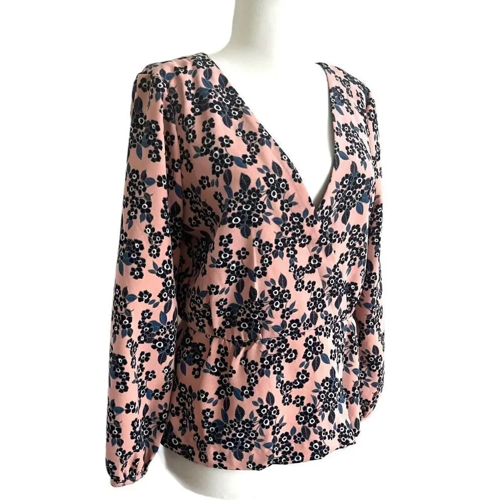 J Crew Floral Blouse Pink Womens S Peplum Long Sleeve Faux Wrap Cottagecore